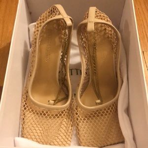 BOTTEGA VENETA SANDALS: Leather-trimmed stretch-mesh pumps (NEW).